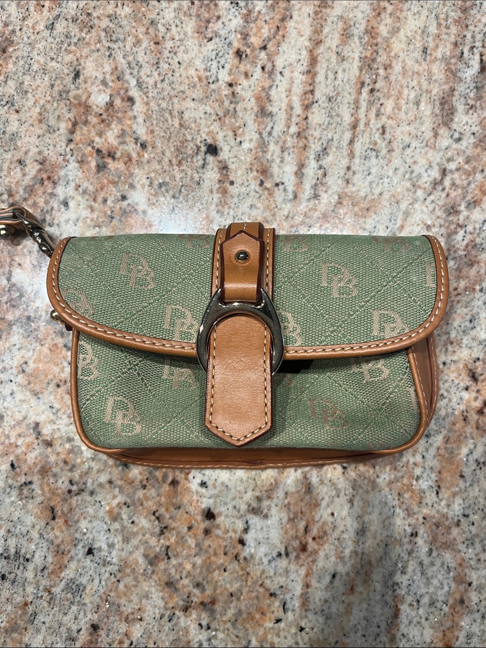Dooney & Bourke Green Signature Canvas Clutch with Tan Trim